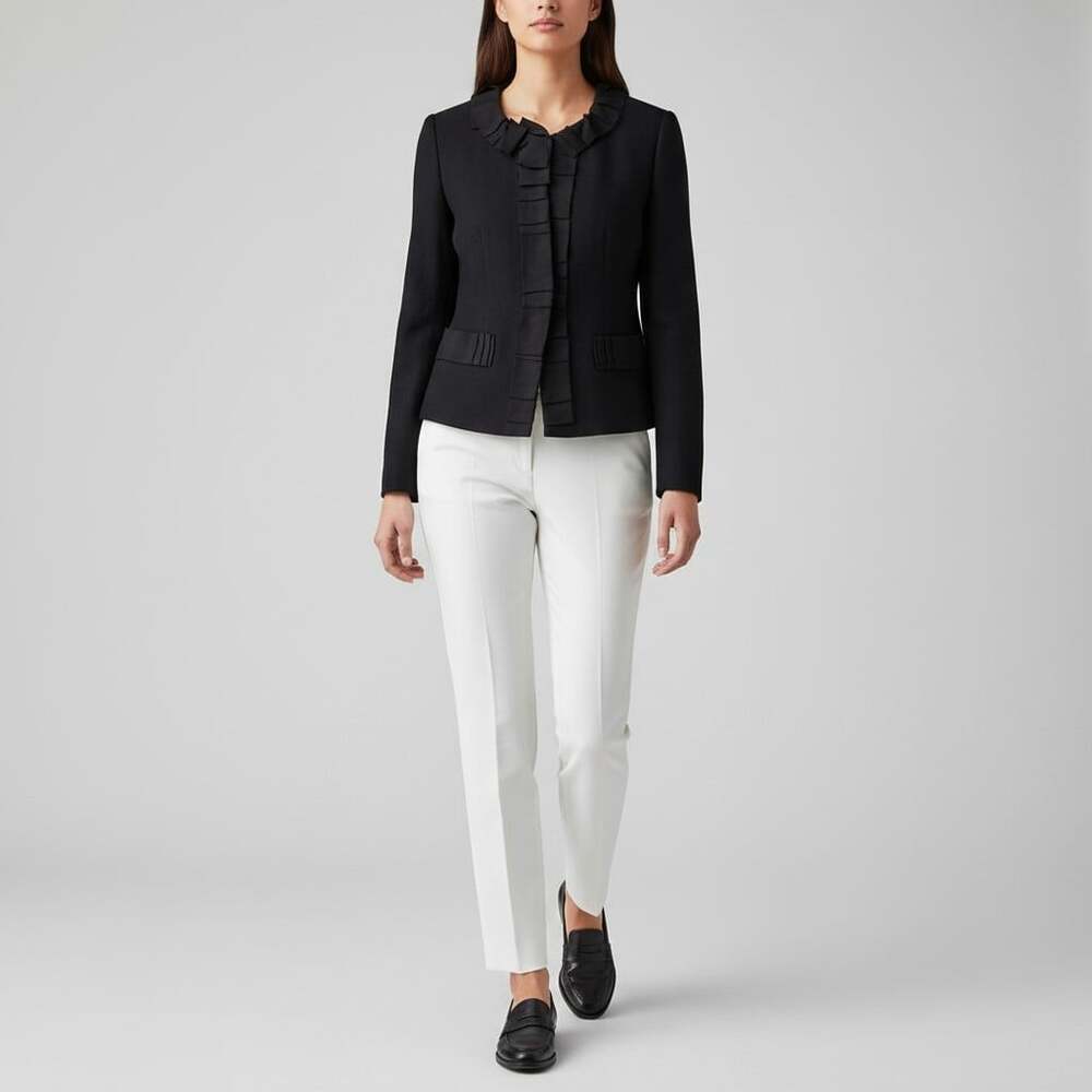 J.Crew Black Wool Ruffle Grosgrain Trim Blazer Jacket Collarless Size 2 Preppy